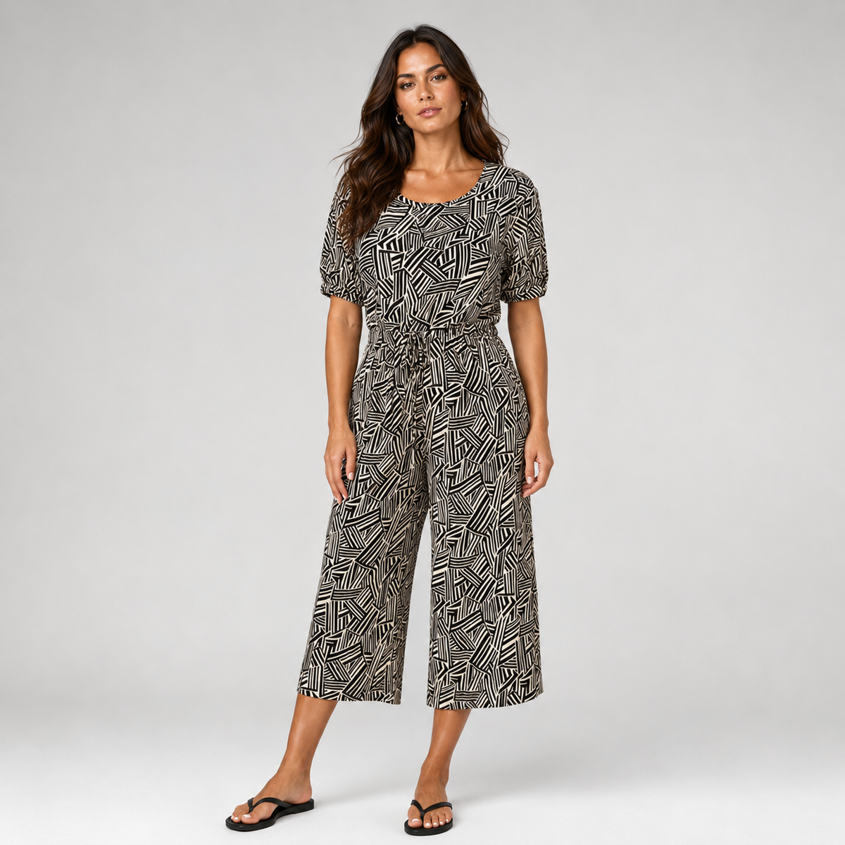 Black White 1/2 Sleeve Culotte Style Jumpsuit