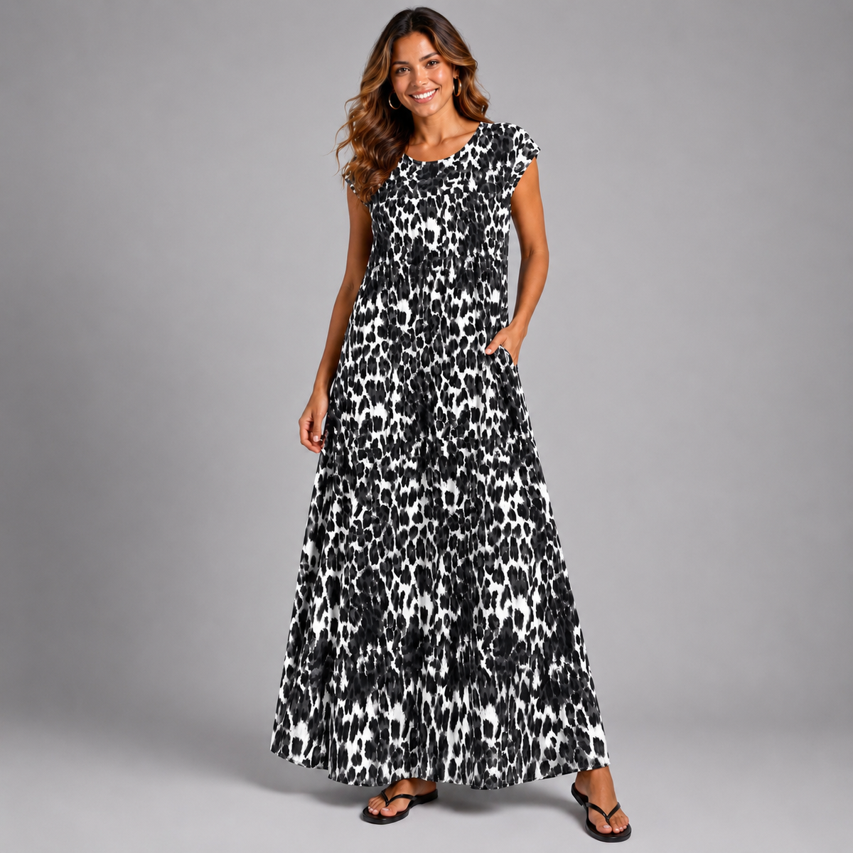 Pleated Leopard Print Maxi Dress