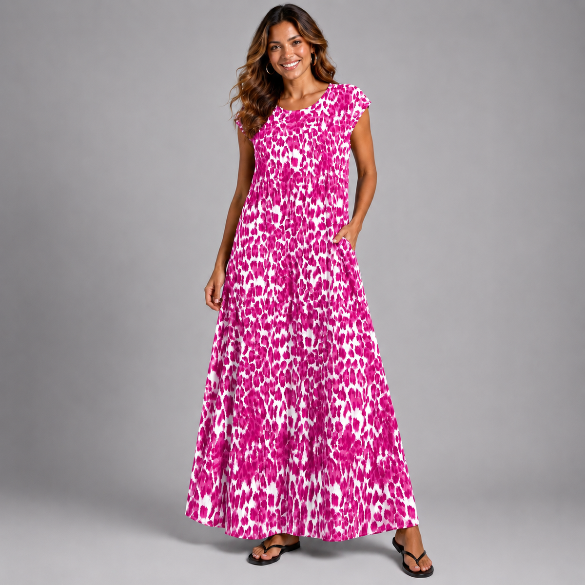 Pleated Leopard Print Maxi Dress