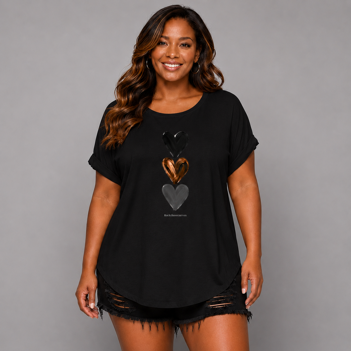3 Hearts Dipped Hem T-Shirt with Roll Cap Sleeves