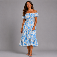 Leaf Print Bardot Gypsy Midi Dress