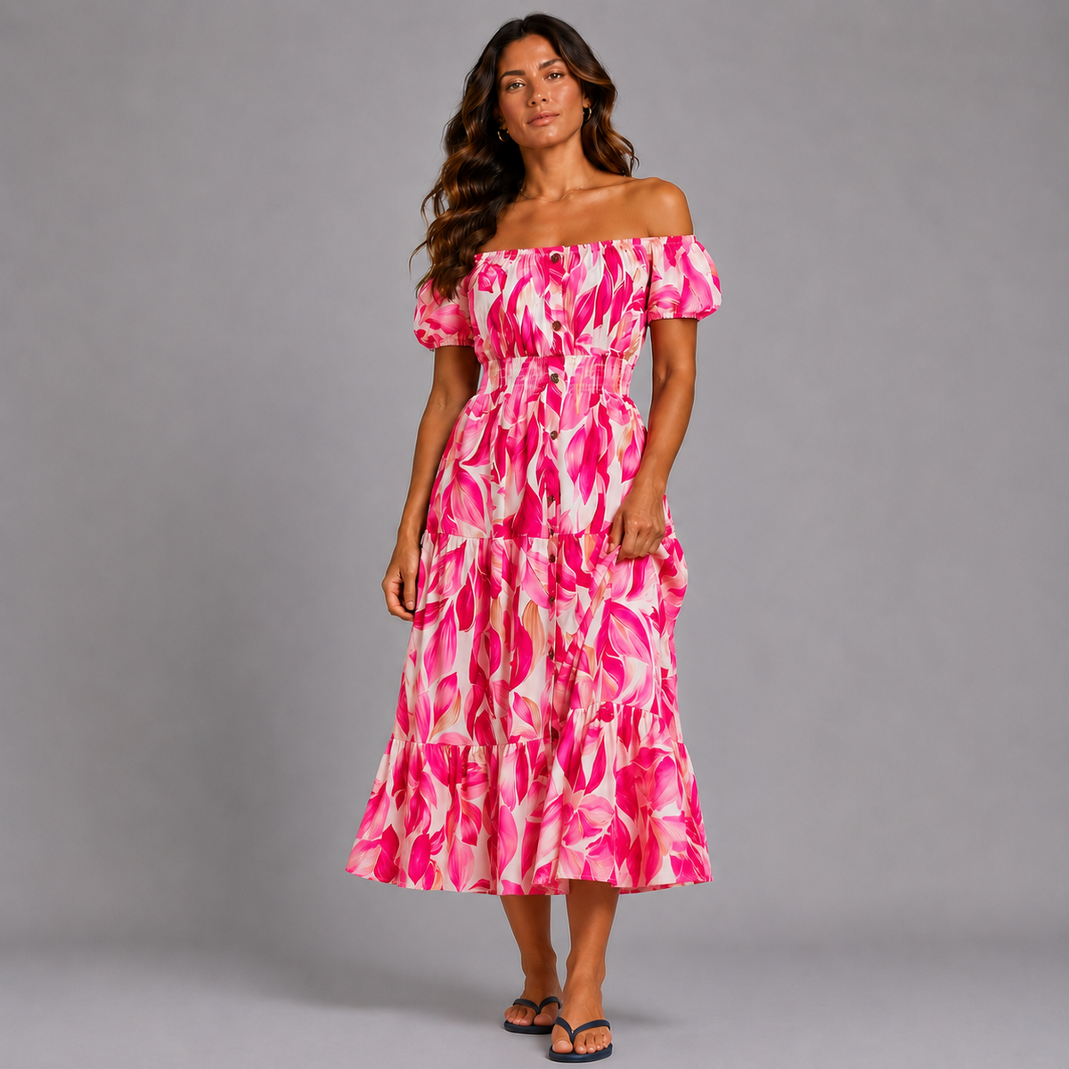 Leaf Print Bardot Gypsy Midi Dress