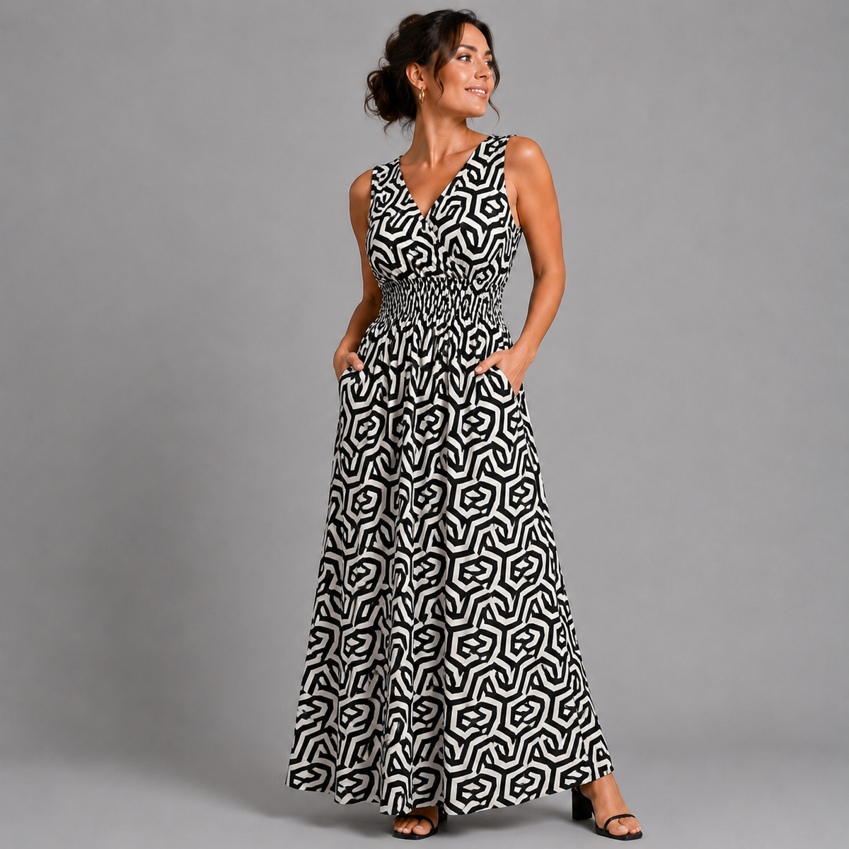 Geo Print Sleeveless V Neck maxi Dress with side Pockets