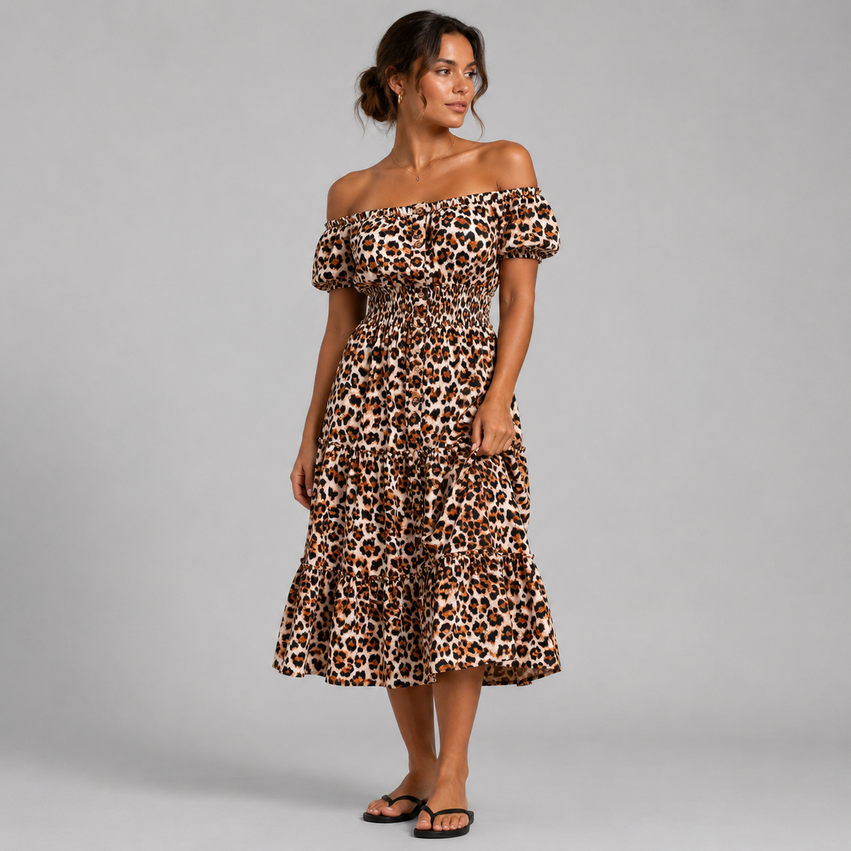 Leopard Print Off Shoulder Animal Print Frilled Gypsy Dress