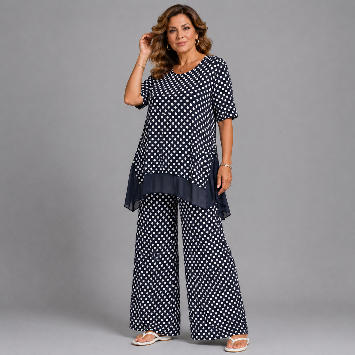 Navy White Polka Two Piece Outfit Set