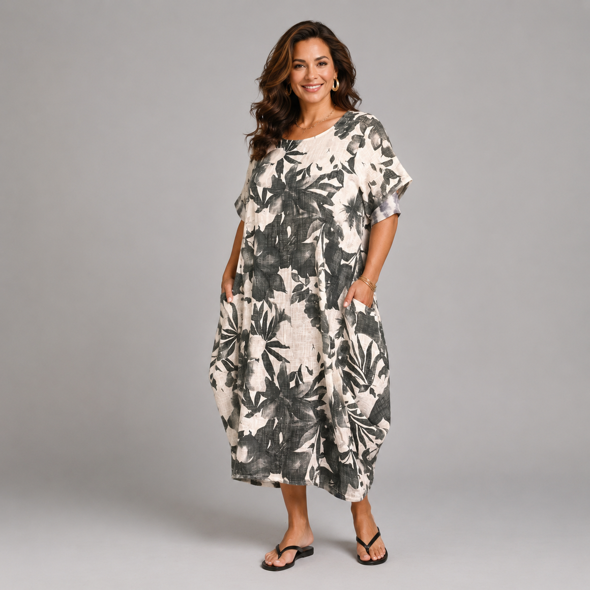 Cotton Floral Loose-Fit Dress with Side Pockets