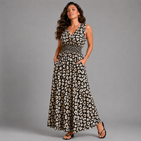 Black White Sleeveless V Neck maxi Dress with side Pockets