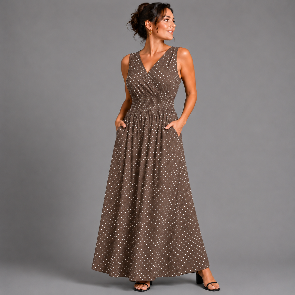 Polka Dot Sleeveless V Neck maxi Dress with side Pockets