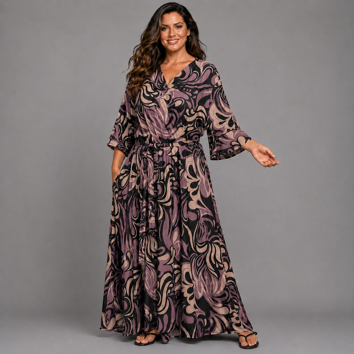 Abstract Mock Wrap Maxi Dress with Bell Sleeves