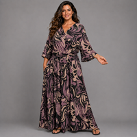 Abstract Mock Wrap Maxi Dress with Bell Sleeves
