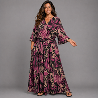 Abstract Mock Wrap Maxi Dress with Bell Sleeves