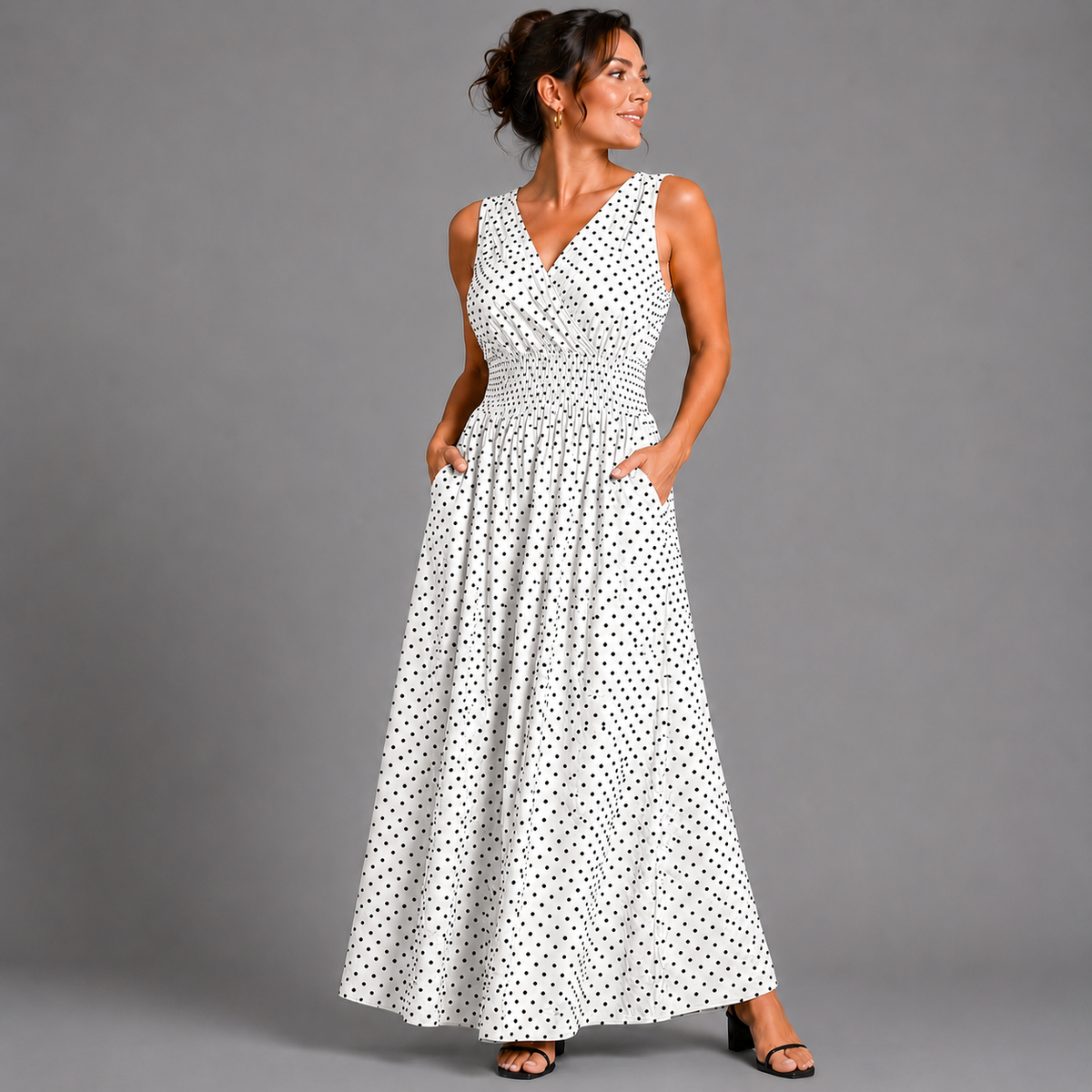 Polka Dot Sleeveless V Neck maxi Dress with side Pockets