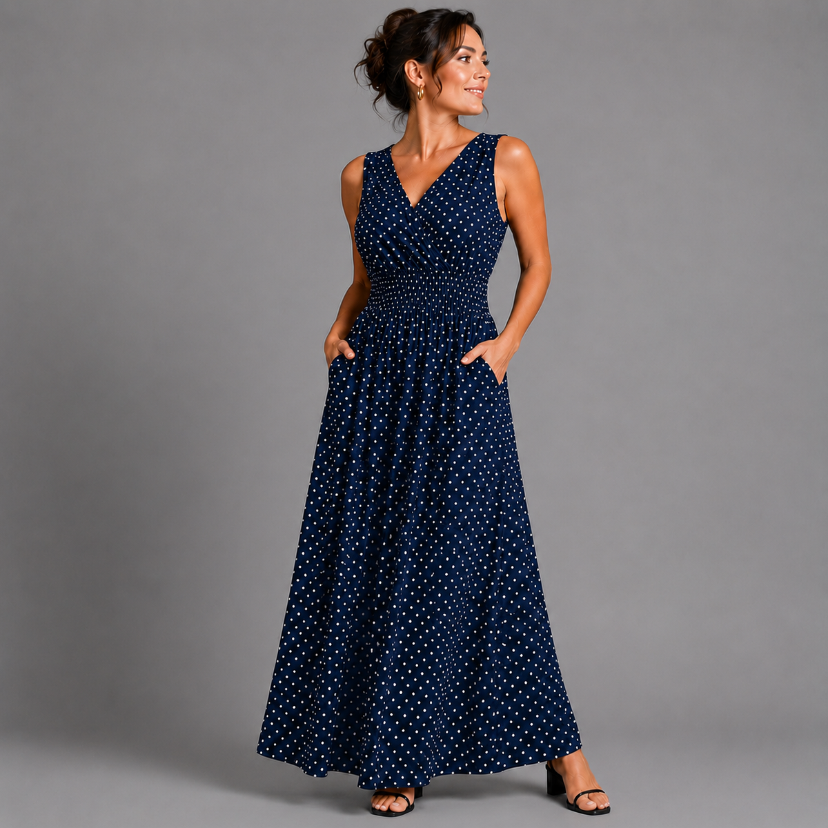 Polka Dot Sleeveless V Neck maxi Dress with side Pockets