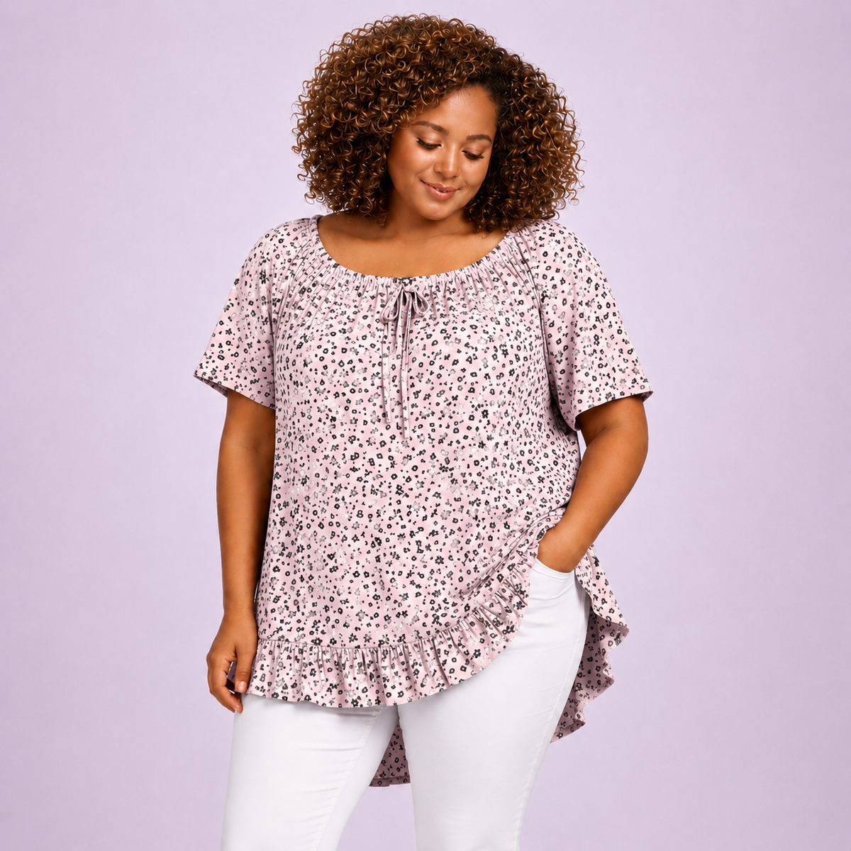 Floral Elastic Neck Short Sleeve Top