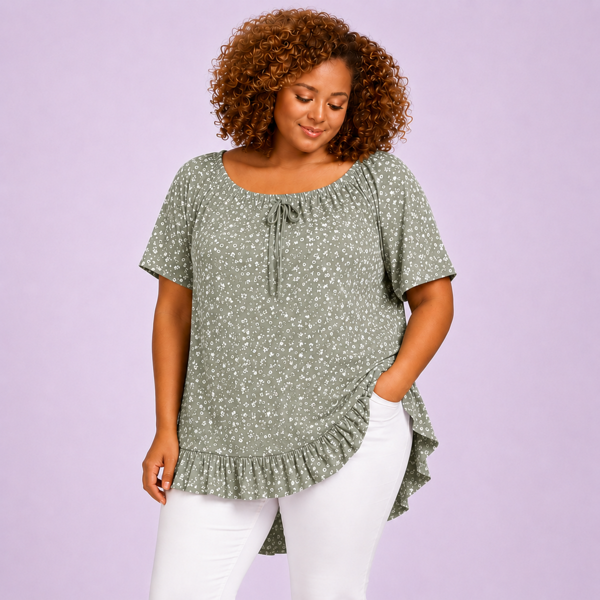 Floral Elastic Neck Short Sleeve Top