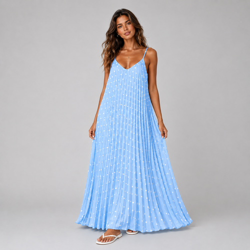 Strappy Polka Dot Pleated Maxi Dress