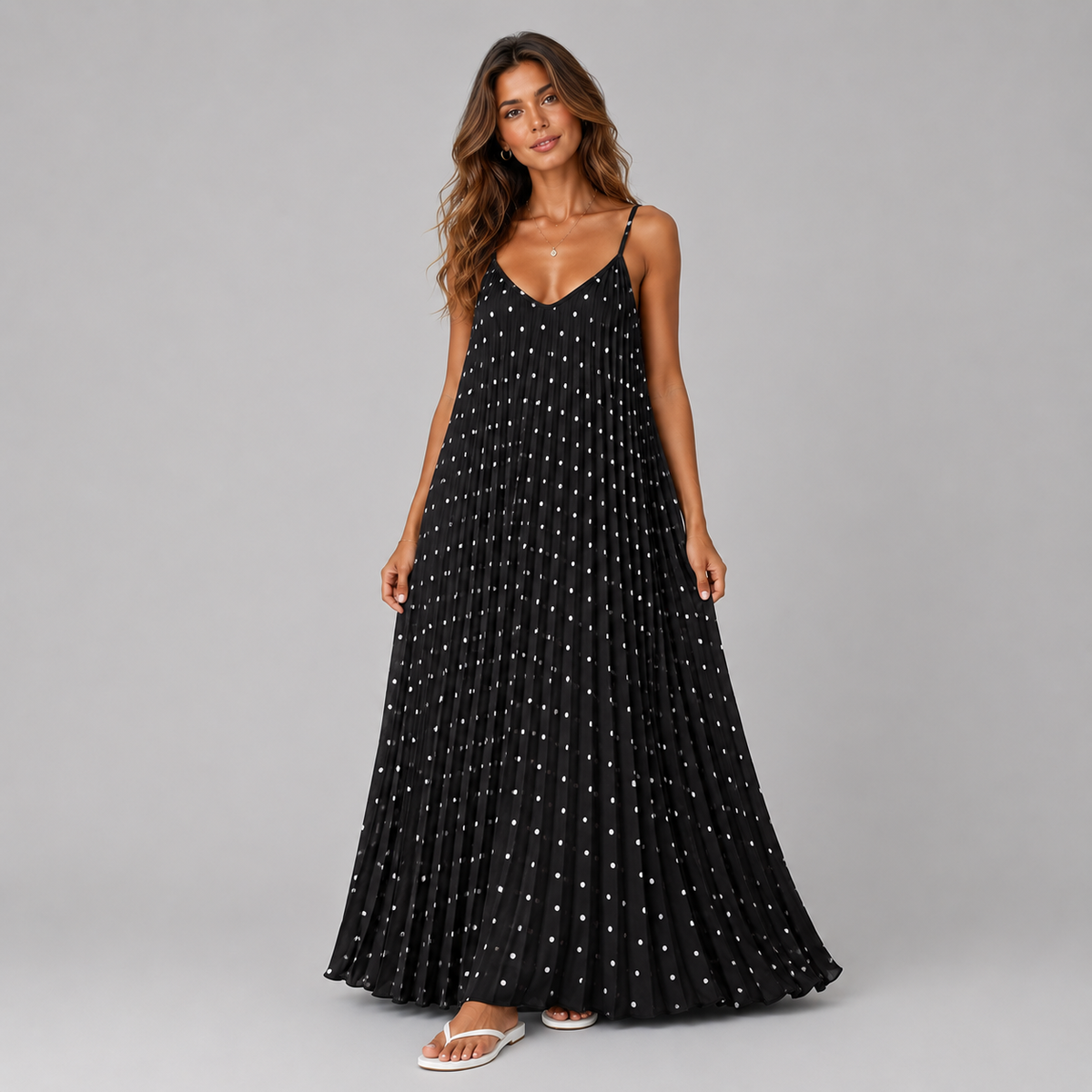 Strappy Polka Dot Pleated Maxi Dress
