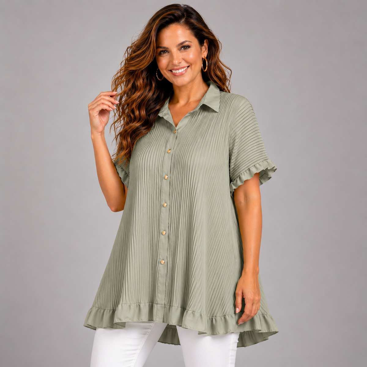 Frilled Edge Short Sleeve Pleated Blouse