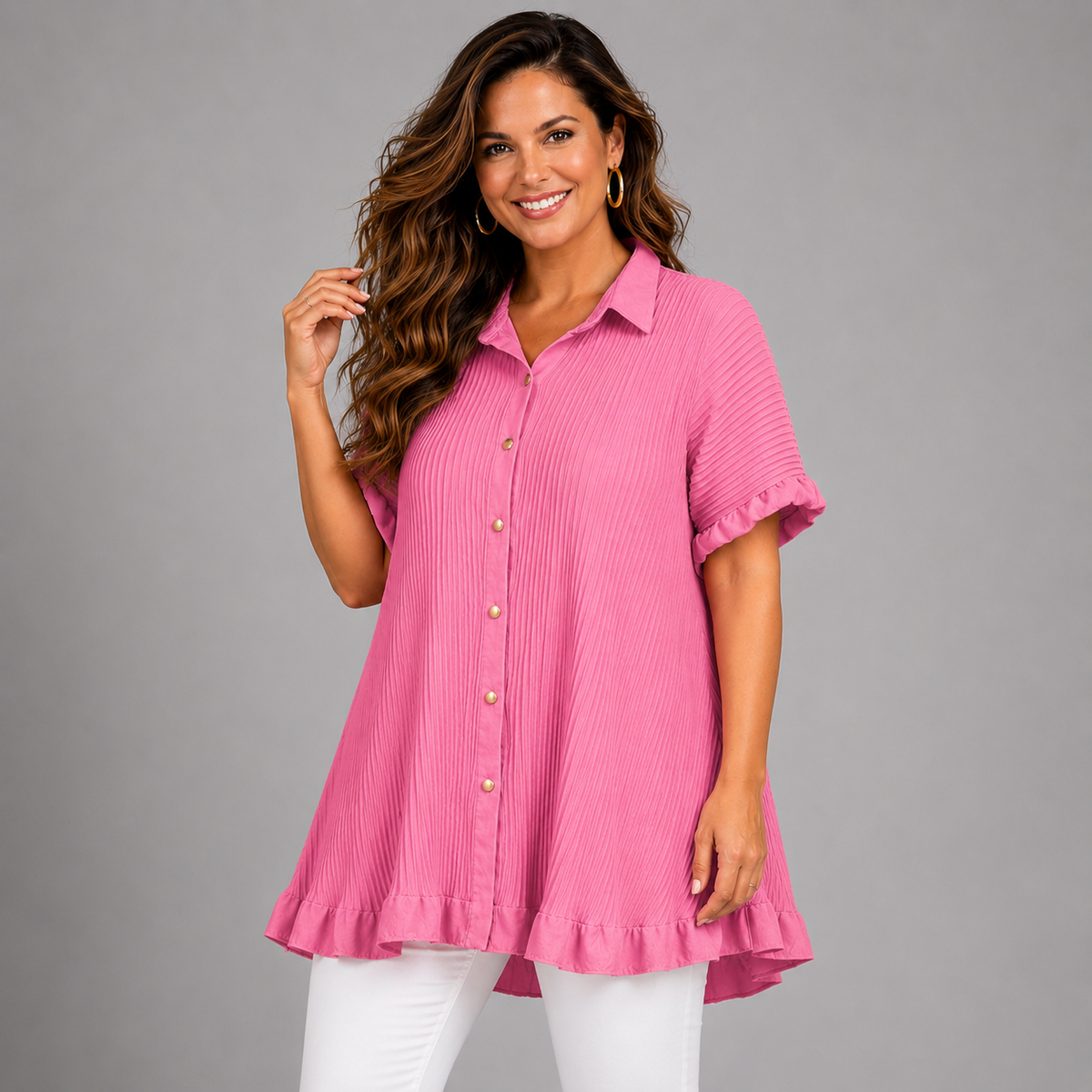 Frilled Edge Short Sleeve Pleated Blouse