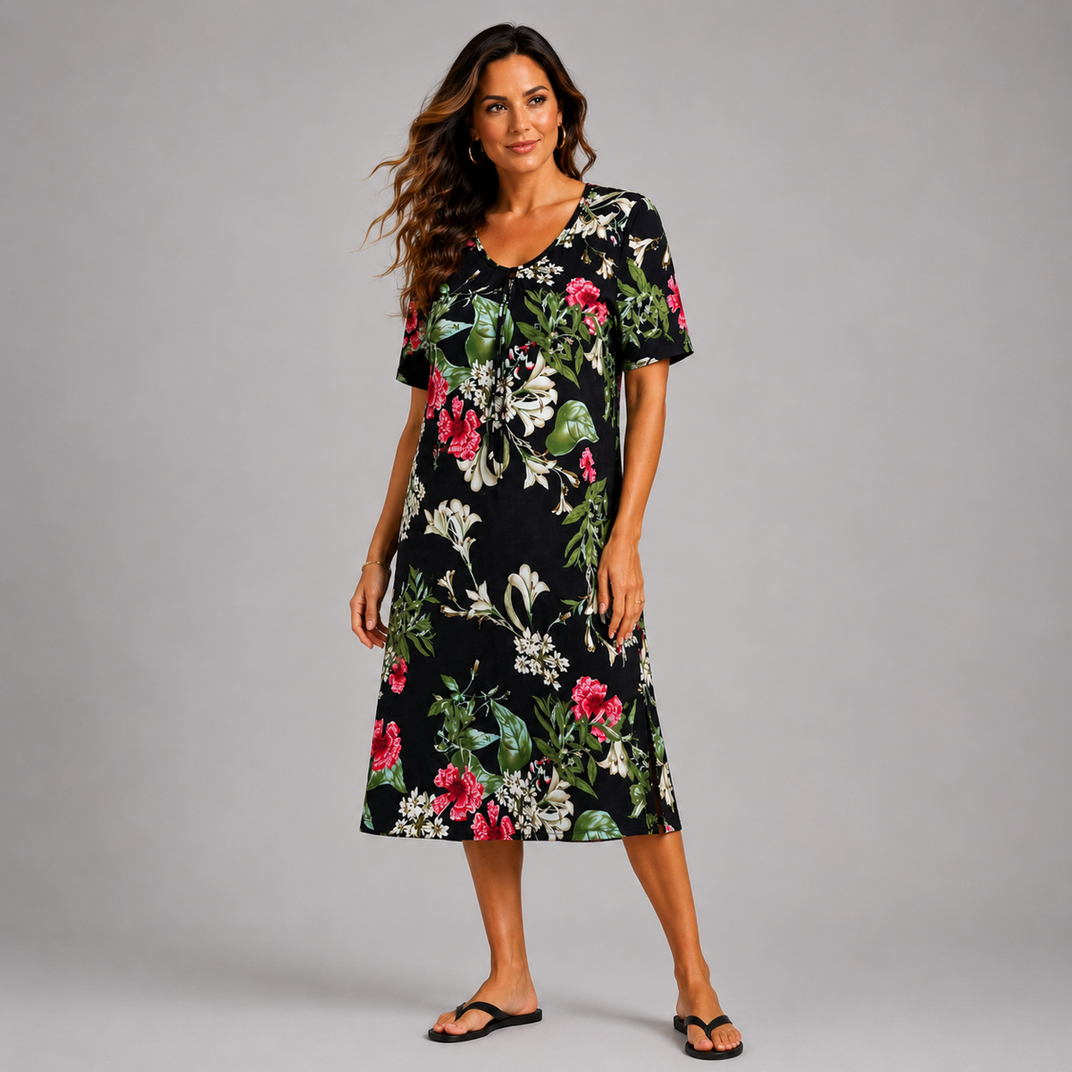 Soft Stretchy A-Line Short Sleeve V-Neck Floral Dress