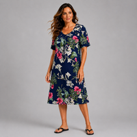 Soft Stretchy A-Line Short Sleeve V-Neck Floral Dress
