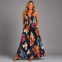 Floral Sleeveless V Neck maxi Dress with side Pockets