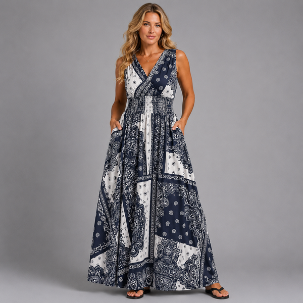Tile Print Sleeveless V Neck maxi Dress with side Pockets