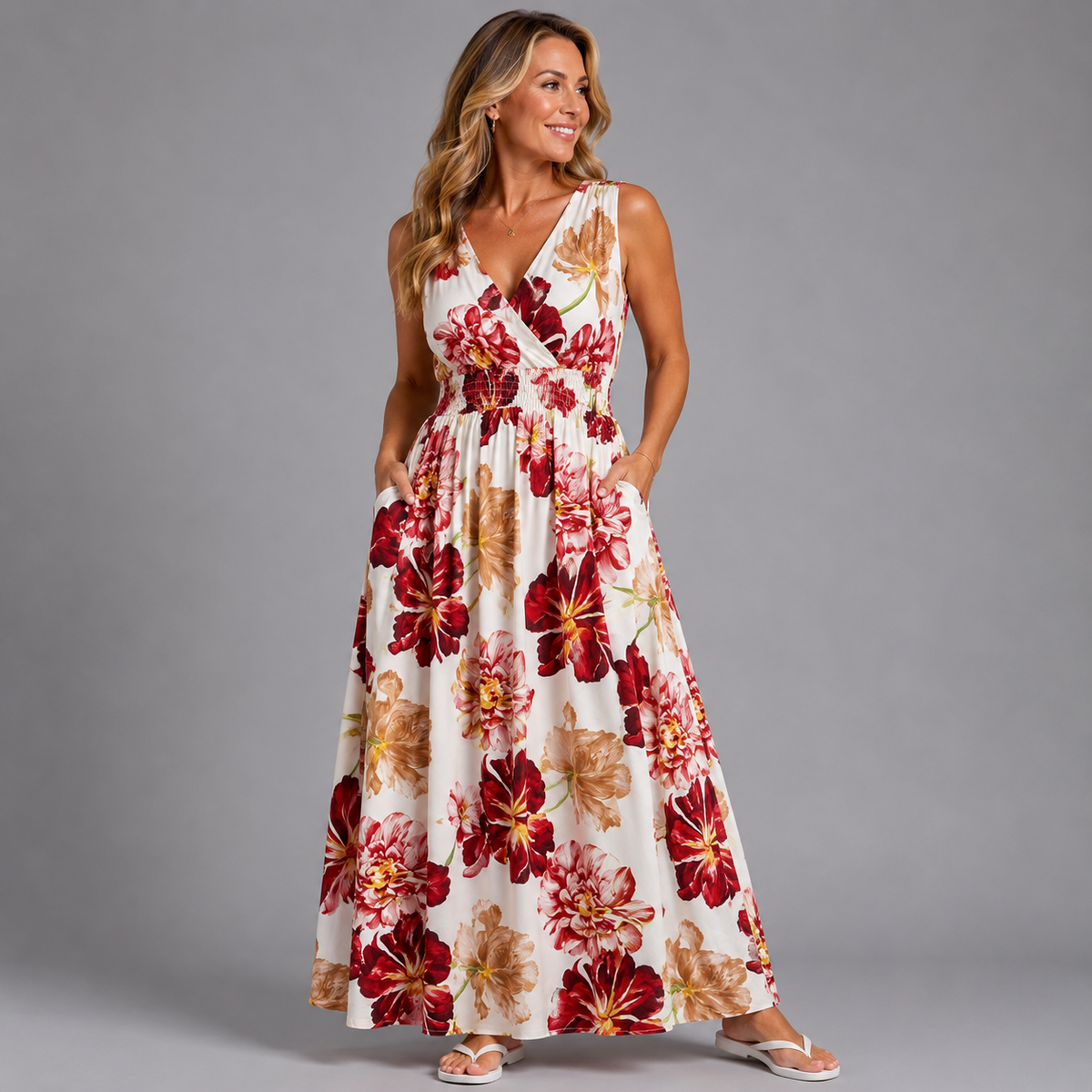 Floral Print Sleeveless V Neck maxi Dress with side Pockets