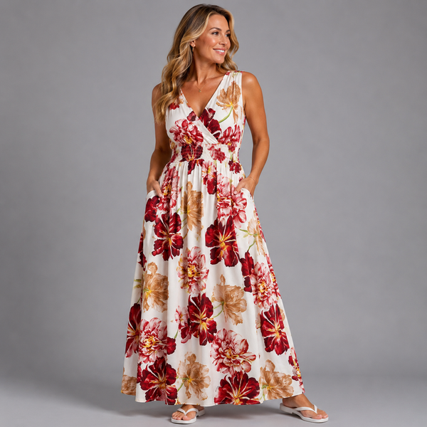 Floral Print Sleeveless V Neck maxi Dress with side Pockets