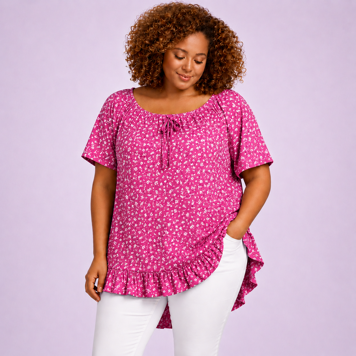 Floral Elastic Neck Short Sleeve Top