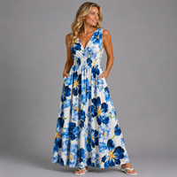 Floral Print Sleeveless V Neck maxi Dress with side Pockets