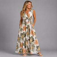 Floral Print Sleeveless V Neck maxi Dress with side Pockets