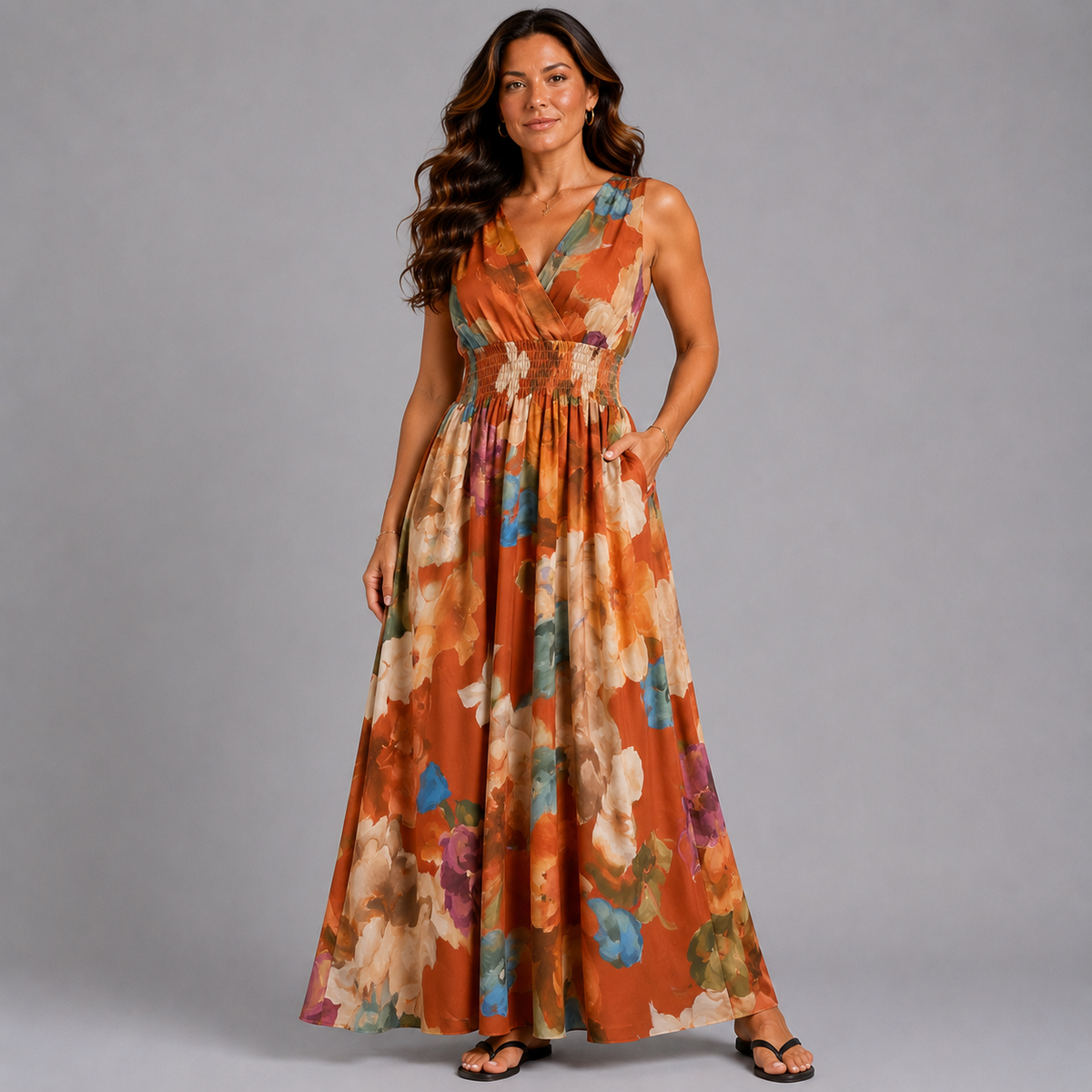 Floral Sleeveless V Neck maxi Dress with side Pockets