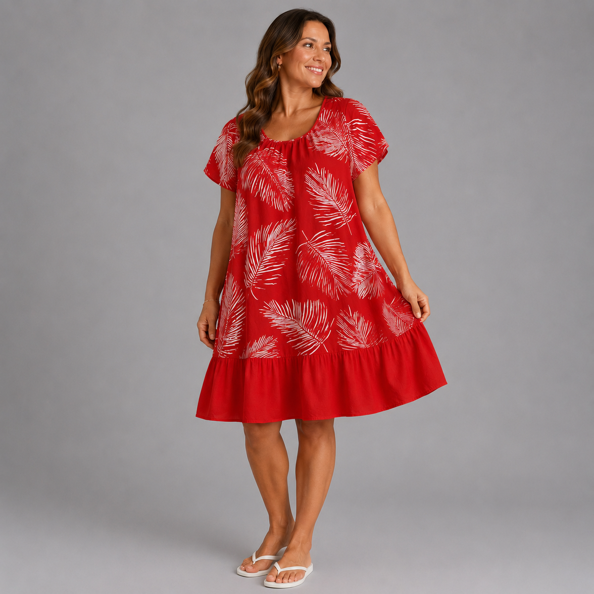 Pleated-Neck Leaf-Print Summer Dress