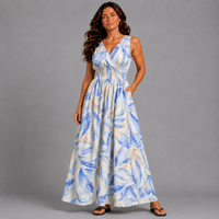 Leaf Print Sleeveless V Neck maxi Dress with side Pockets