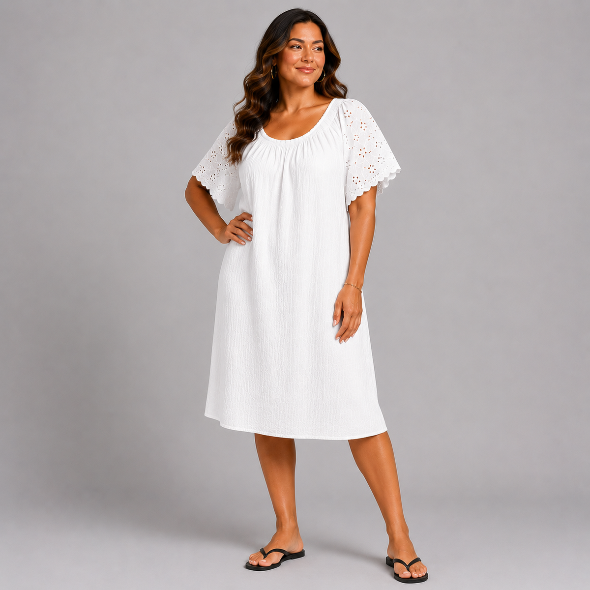 Cotton Midi Dress with Lace Sleeves