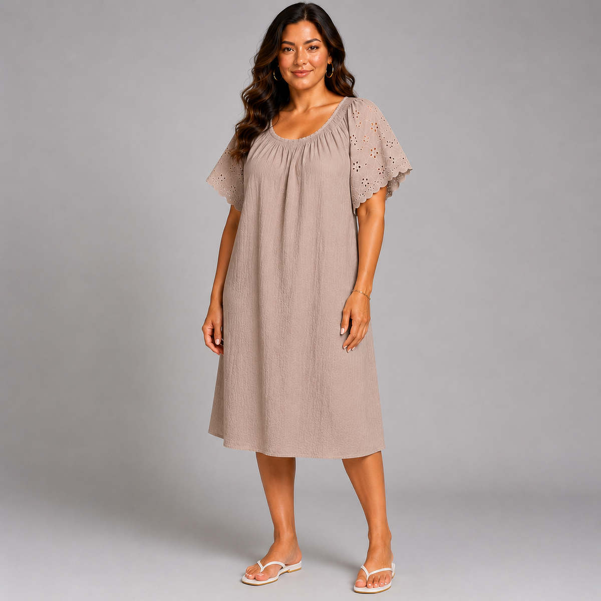 Cotton Midi Dress with Lace Sleeves