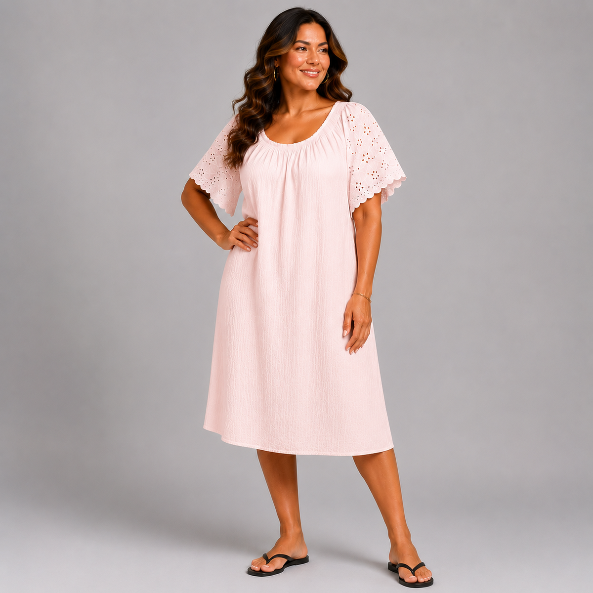Cotton Midi Dress with Lace Sleeves