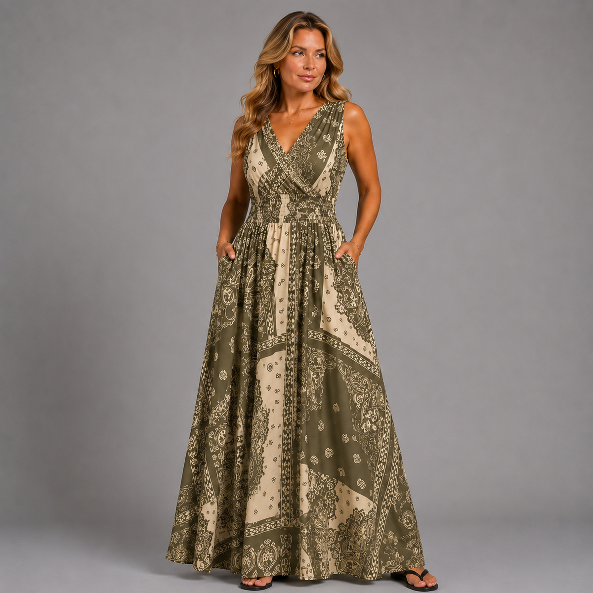 Tile Print Sleeveless V Neck maxi Dress with side Pockets
