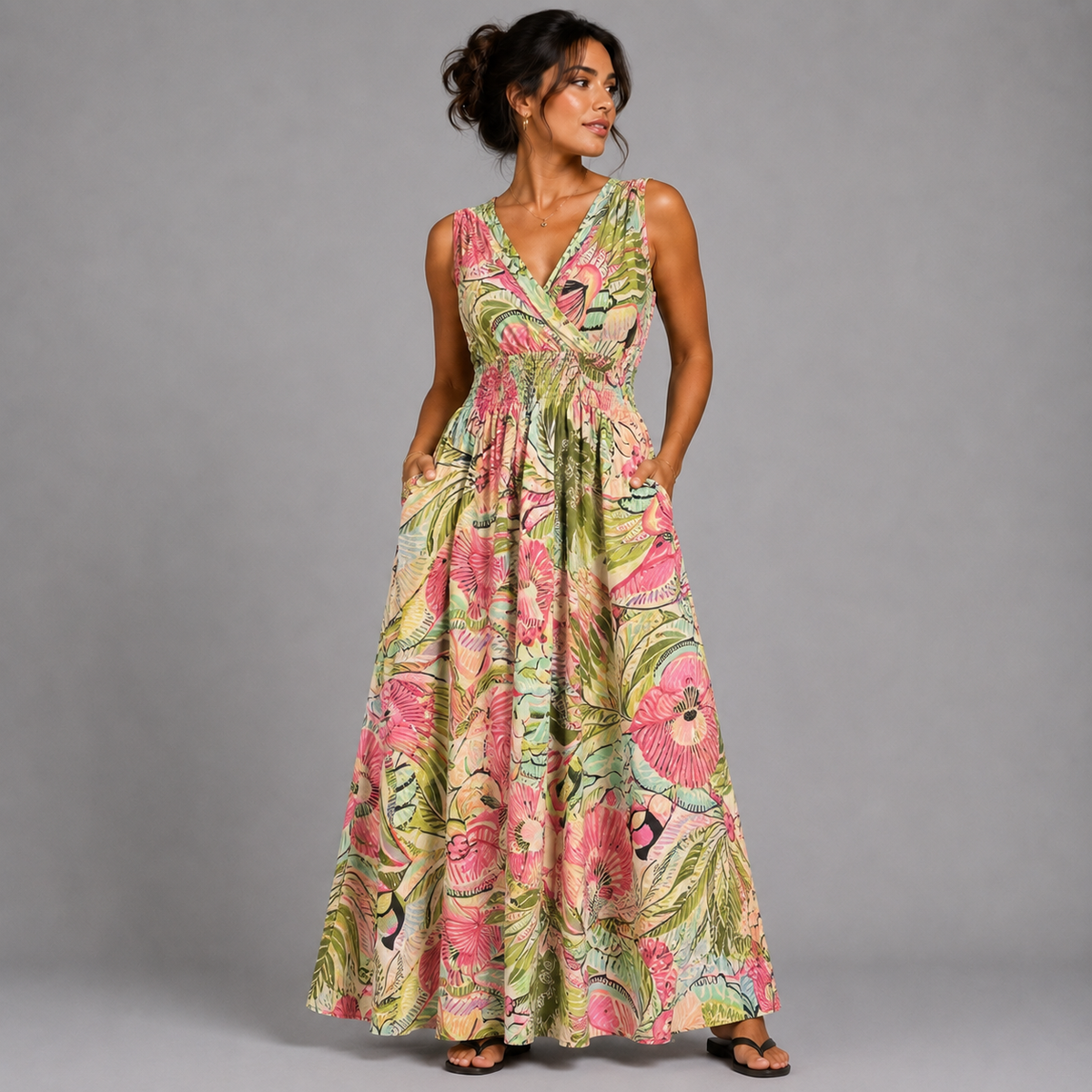 Tropical Floral Sleeveless V Neck maxi Dress with side Pockets