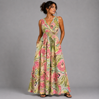 Tropical Floral Sleeveless V Neck maxi Dress with side Pockets