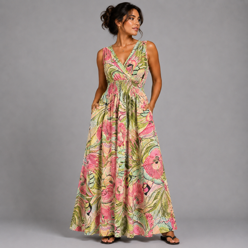 Tropical Floral Sleeveless V Neck maxi Dress with side Pockets