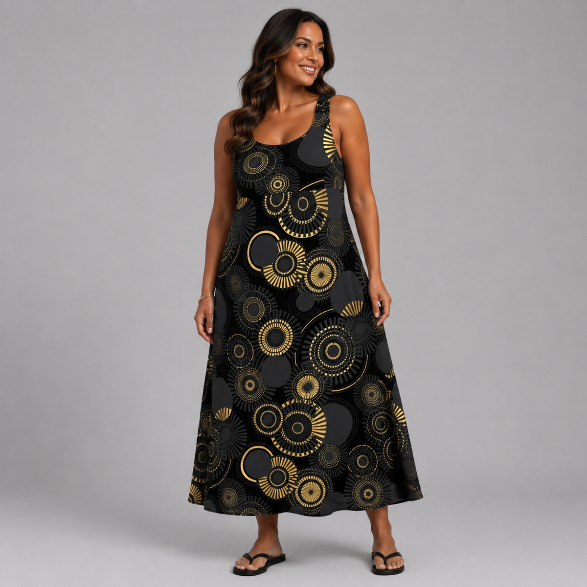 Sleeveless Smock Dress with Metallic Print