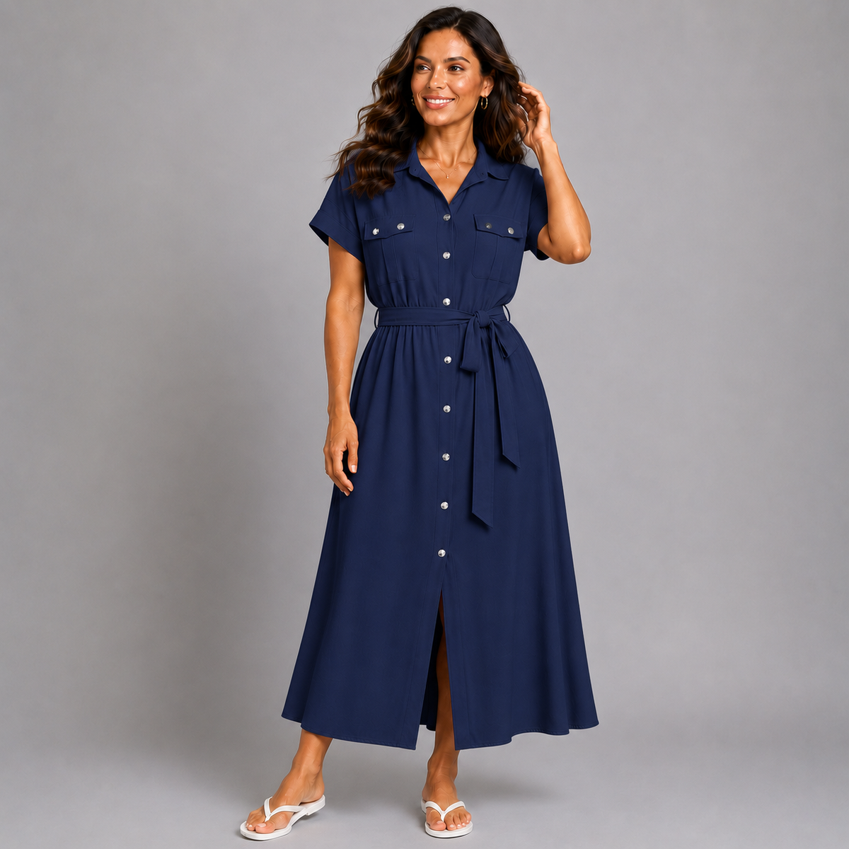 Button Front Shirt Dress with Tie Belt