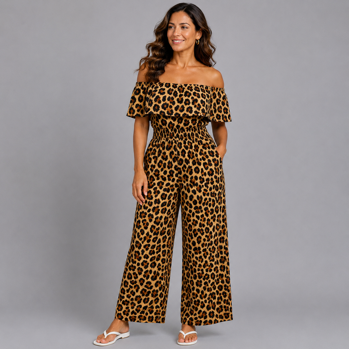 Leopard Print Bardot Wide Leg Jumpsuit With Pockets