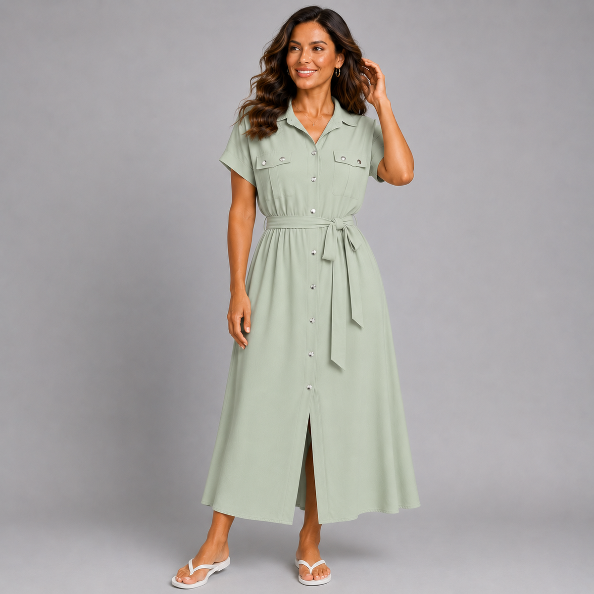 Button Front Shirt Dress with Tie Belt