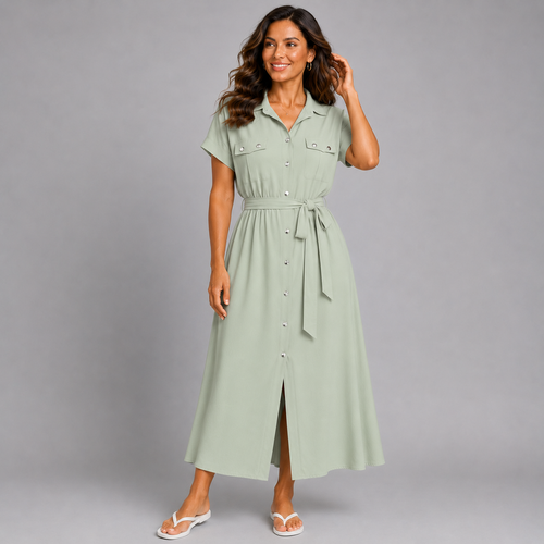 Button Front Shirt Dress with Tie Belt