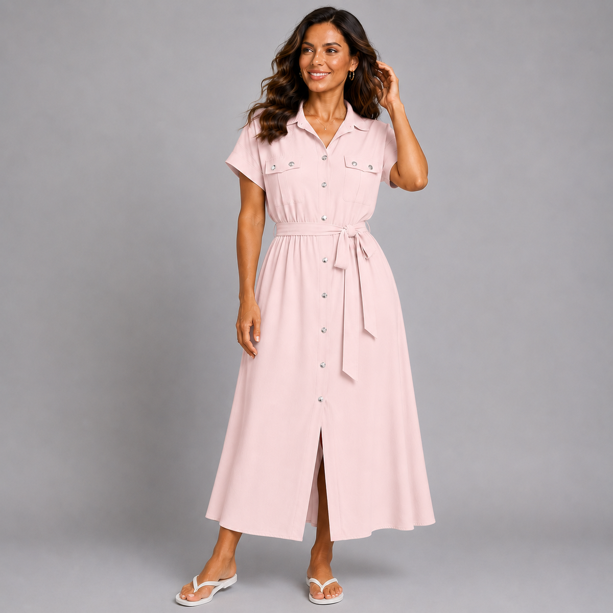 Button Front Shirt Dress with Tie Belt