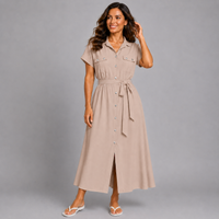 Button Front Shirt Dress with Tie Belt
