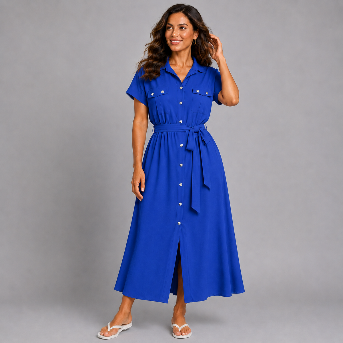 Button Front Shirt Dress with Tie Belt